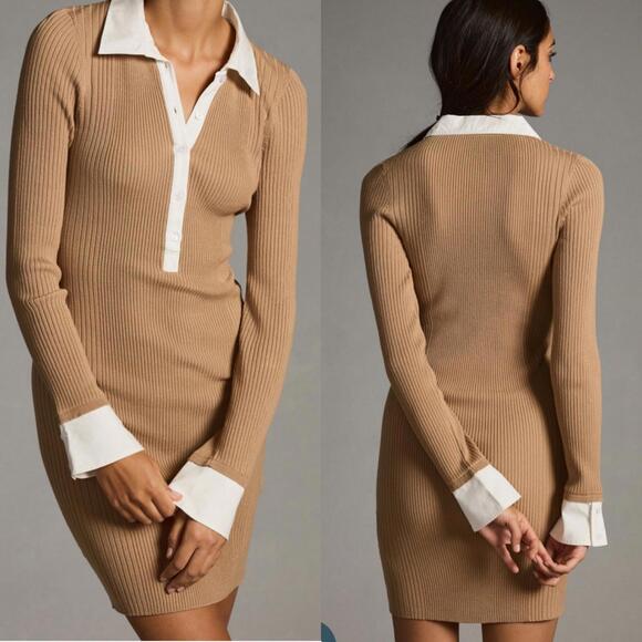 NWT By Anthropologie Ribbed Polo Mini Dress Long Sleeve Tan Women’s size Large - Picture 12 of 12